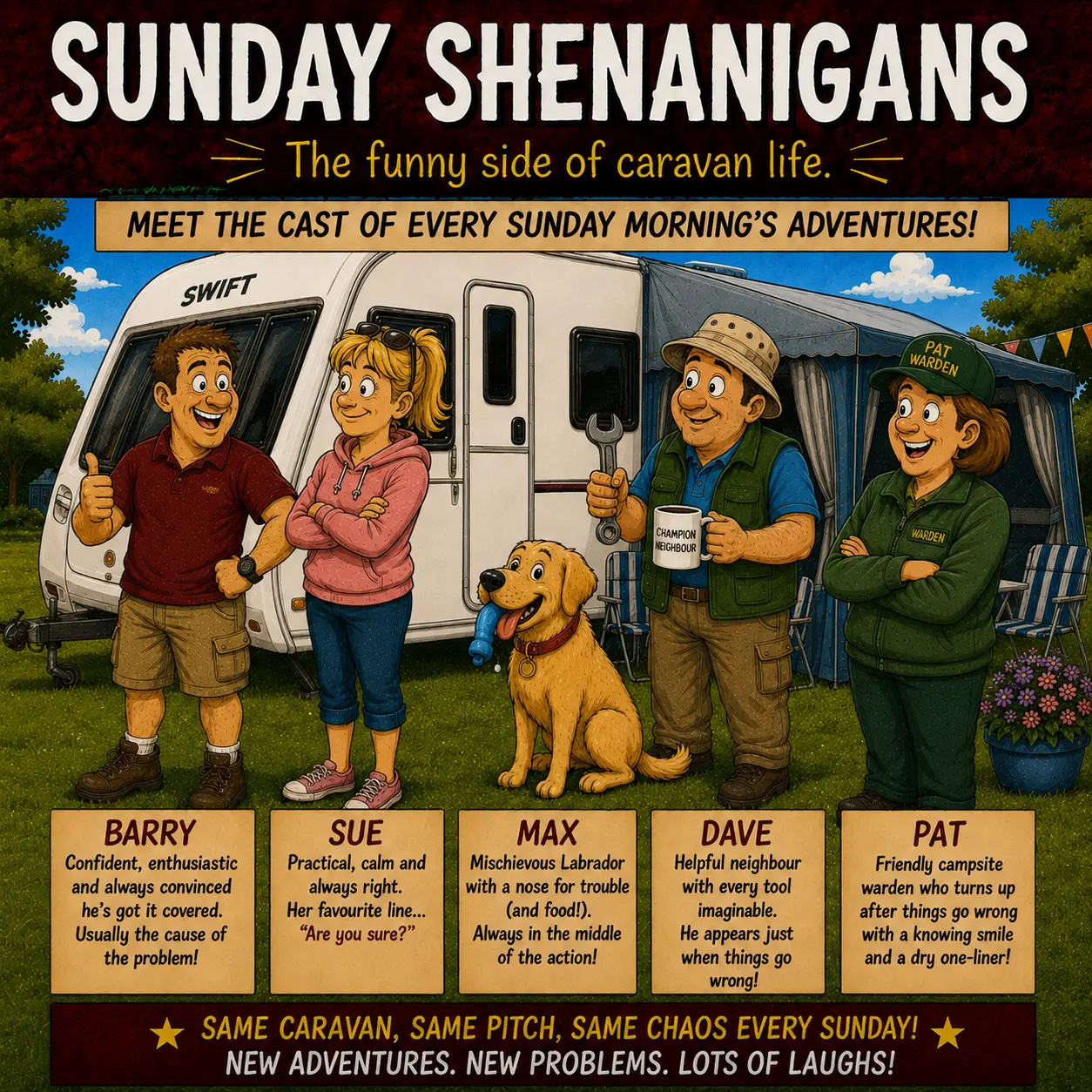 Meet Barry, Sue, Max, Dave and Pat, the recurring characters from the Sunday Shenanigans weekly comic series