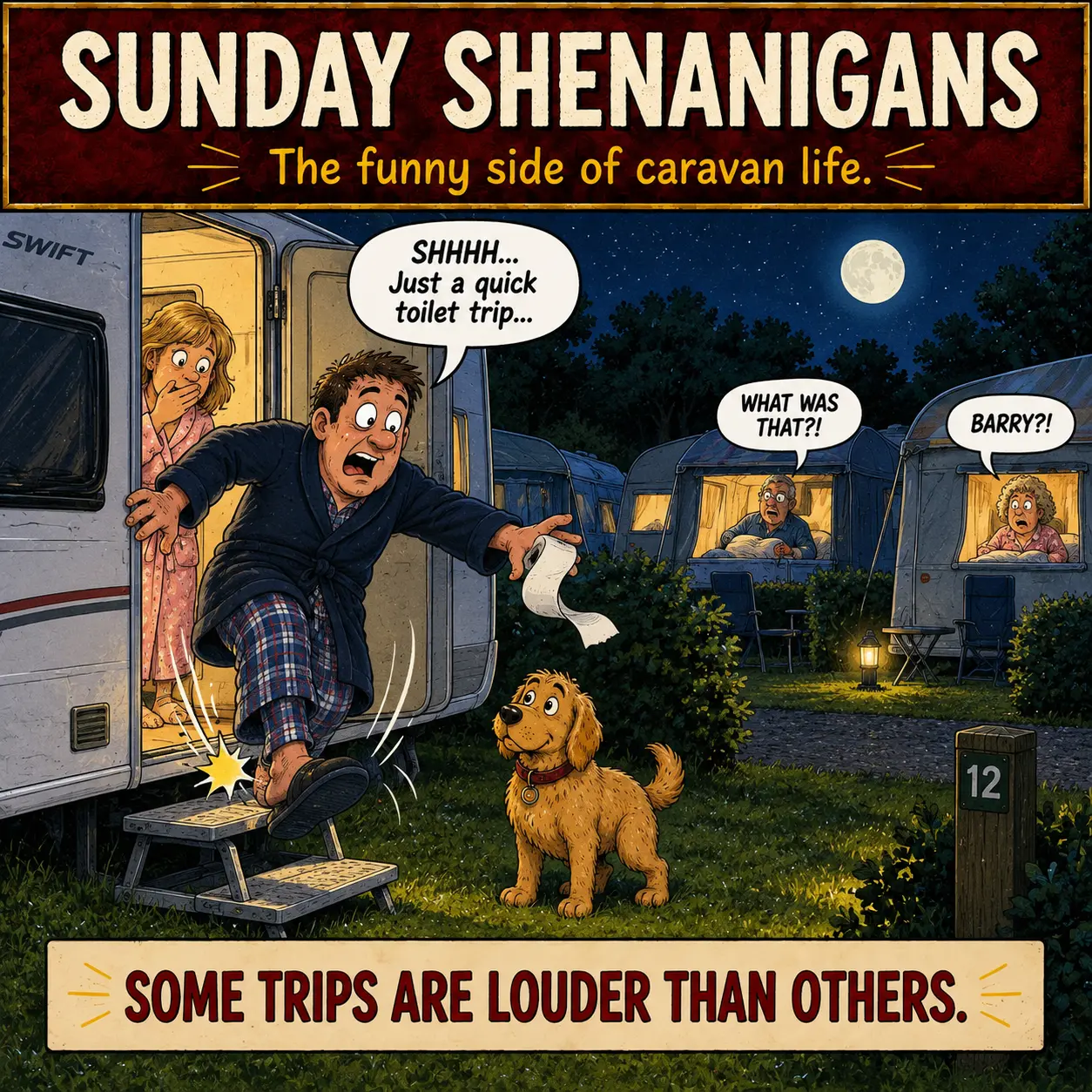 Barry trips over the caravan step during a midnight toilet trip in Sunday Shenanigans Episode 7