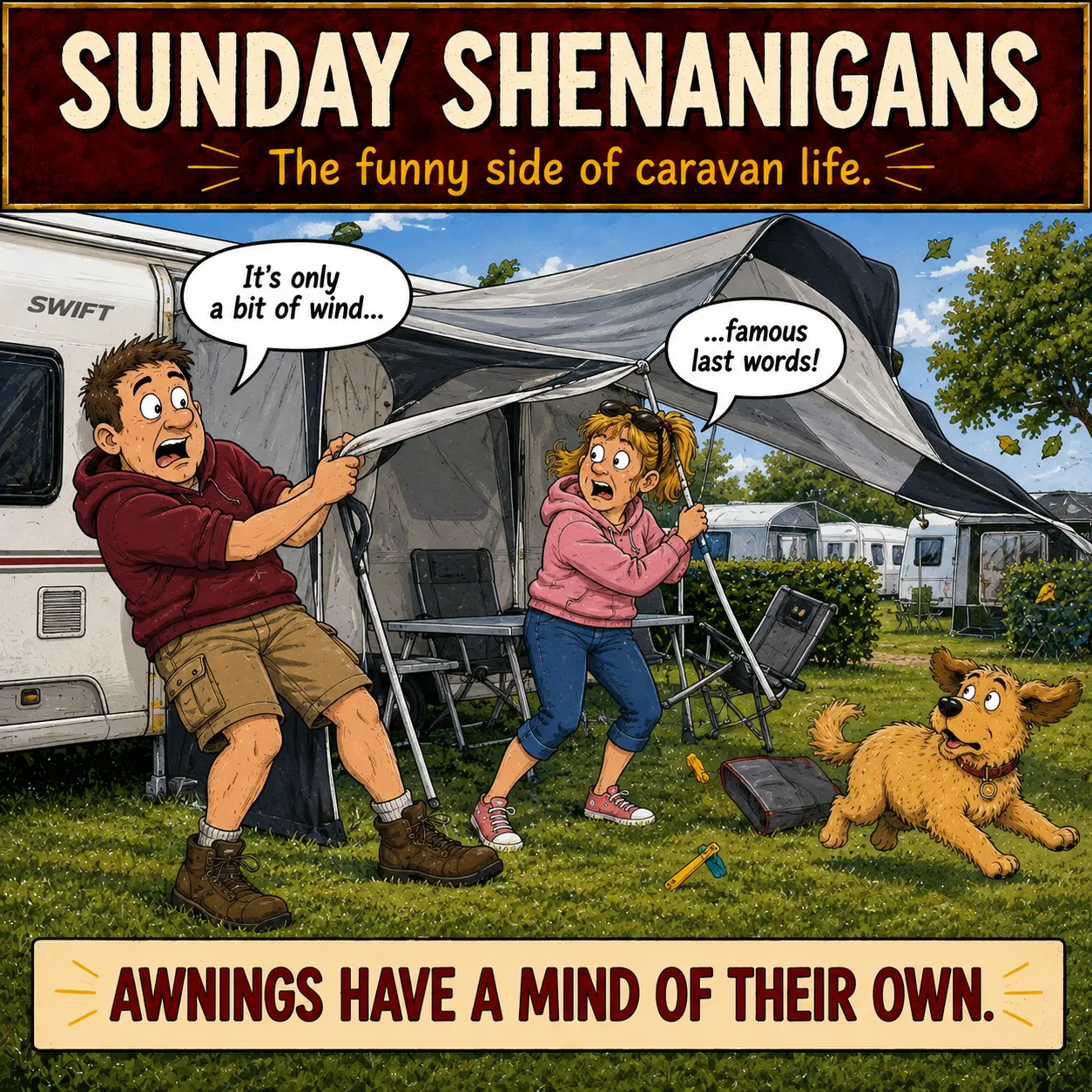 Barry and Sue battle their caravan awning in strong wind in Sunday Shenanigans Episode 8