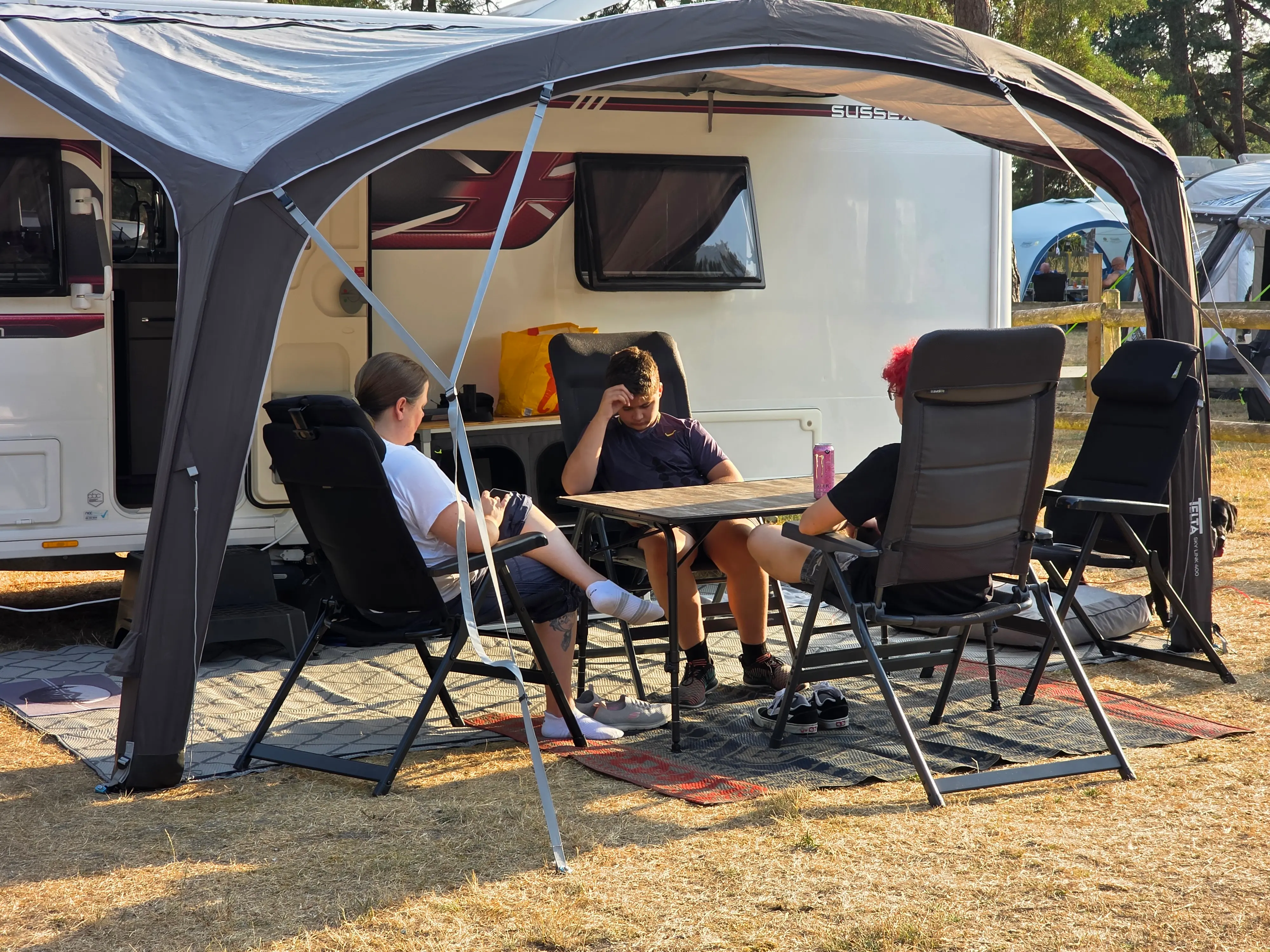 Telta Bornholm Table Large set up outside a Coachman touring caravan on a campsite pitch
