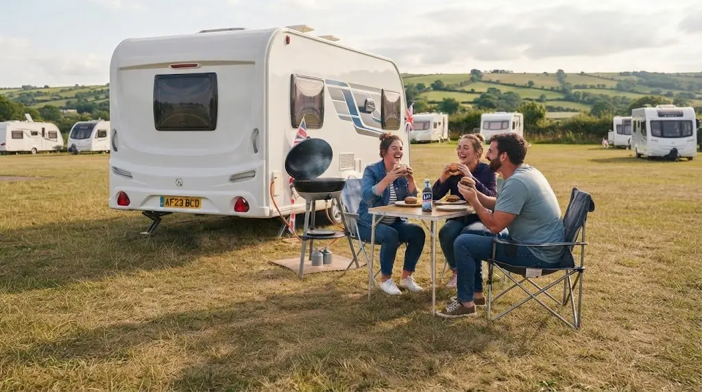 Cadac Carri Chef 40 portable gas BBQ grill set up outdoors at a campsite on a pitched pitch