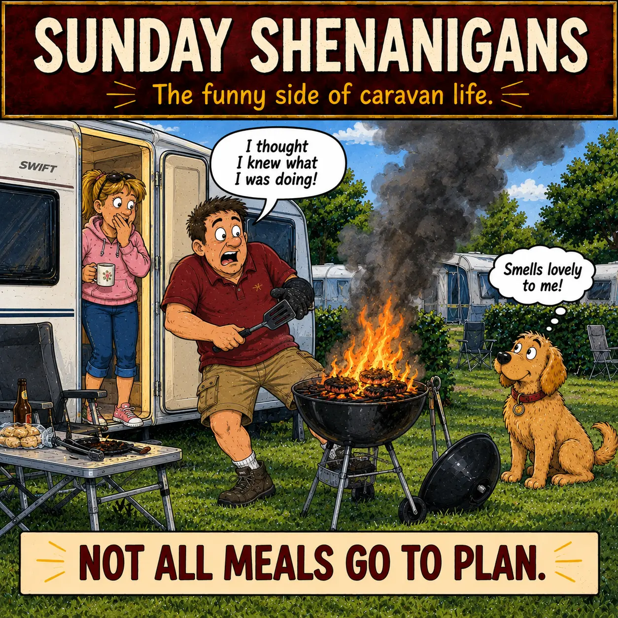 Barry has a campsite BBQ disaster as Sue and Max watch in Sunday Shenanigans Episode 9
