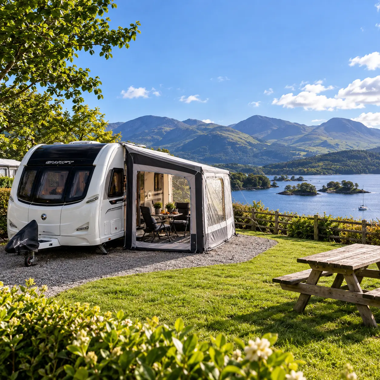 Modern UK touring caravan on a scenic lakeside campsite