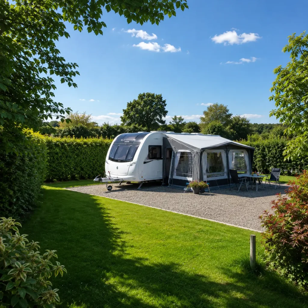 Touring caravan on a campsite pitch, the kind of campsite Ask Ellie can help you find
