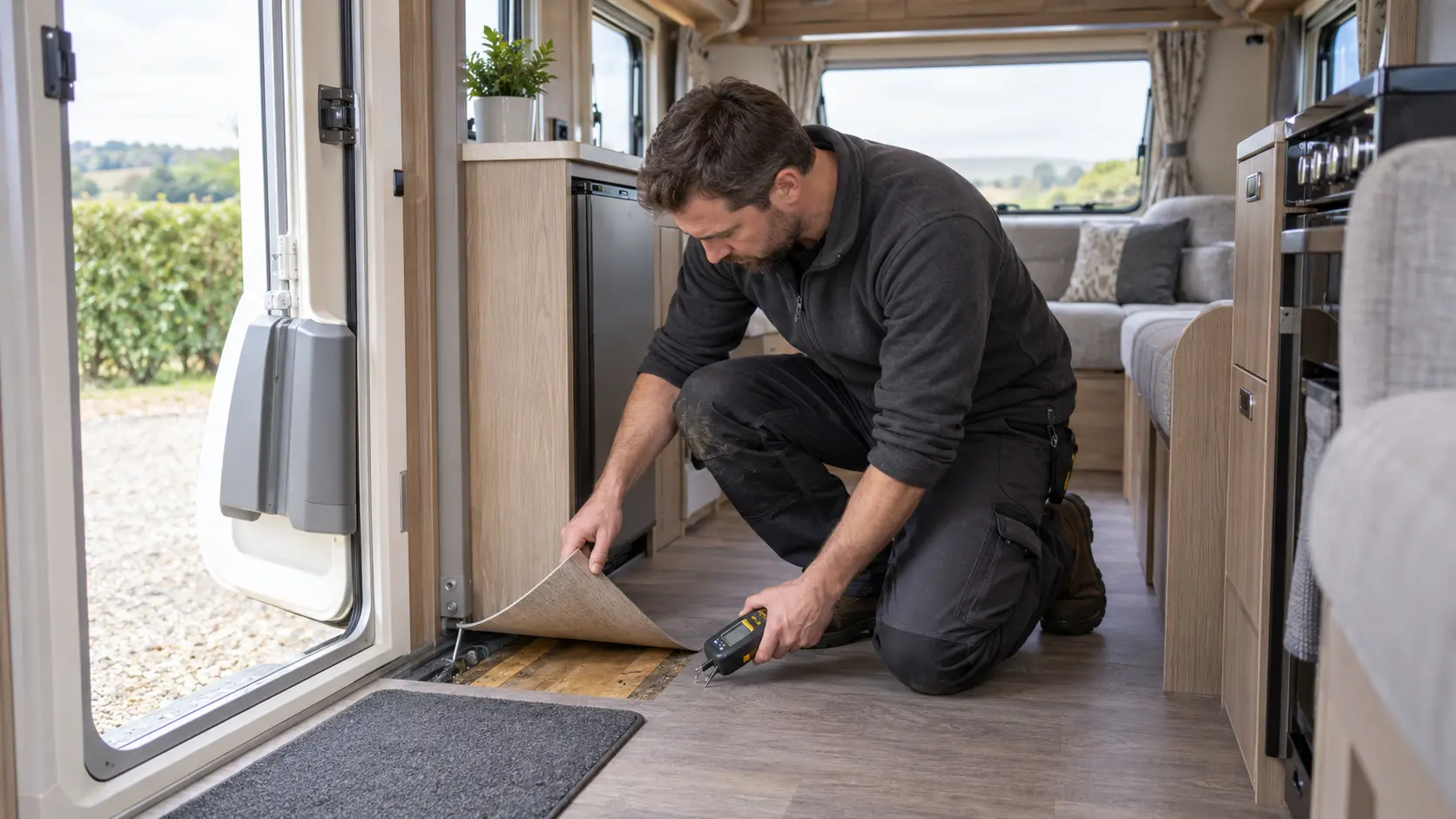 Technician inspecting a soft floor inside a modern UK touring caravan