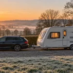 Touring caravan on a frosty pitch, ideal for Christmas and New Year caravanning in the UK