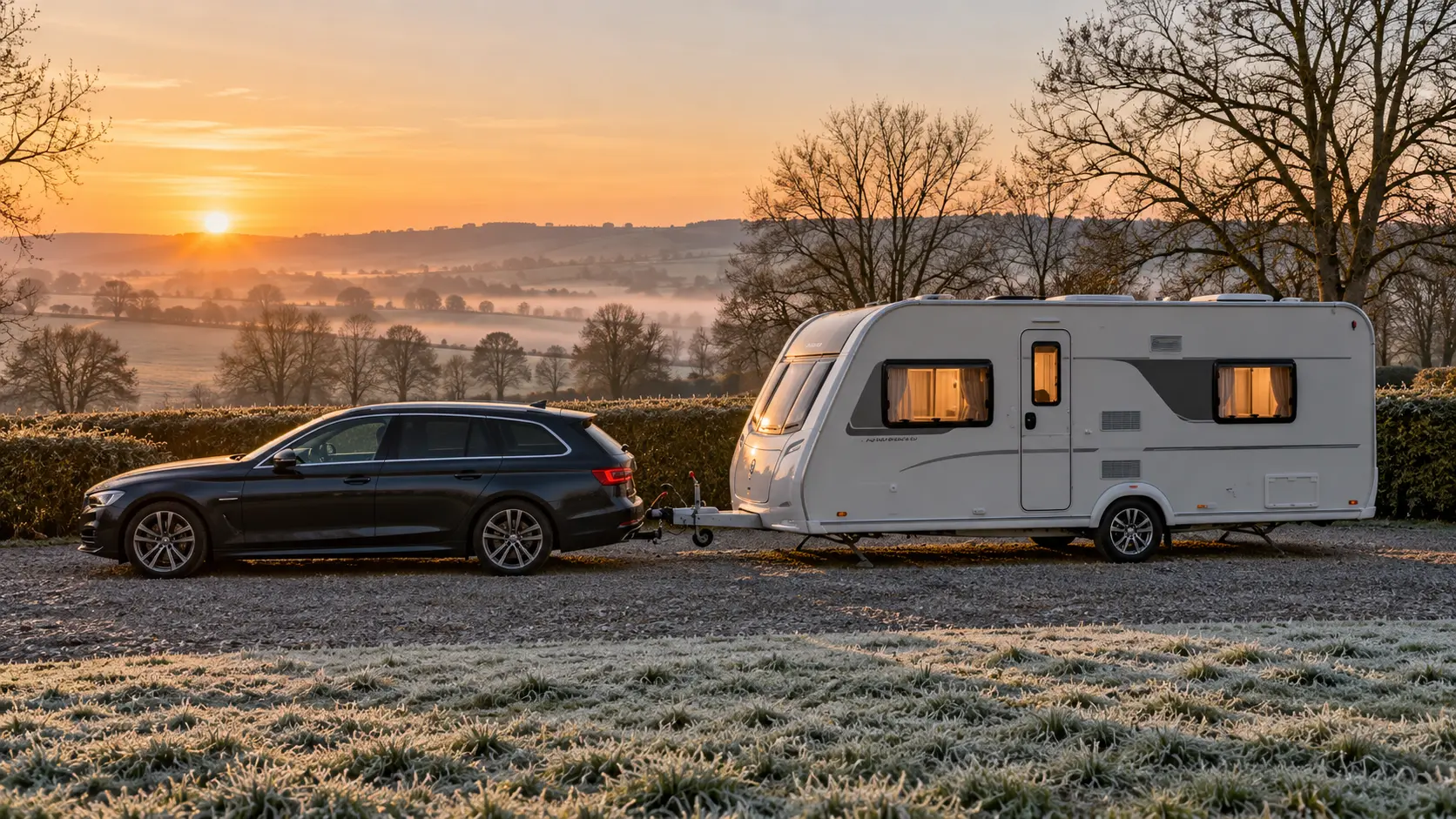 Touring caravan on a frosty pitch, ideal for Christmas and New Year caravanning in the UK