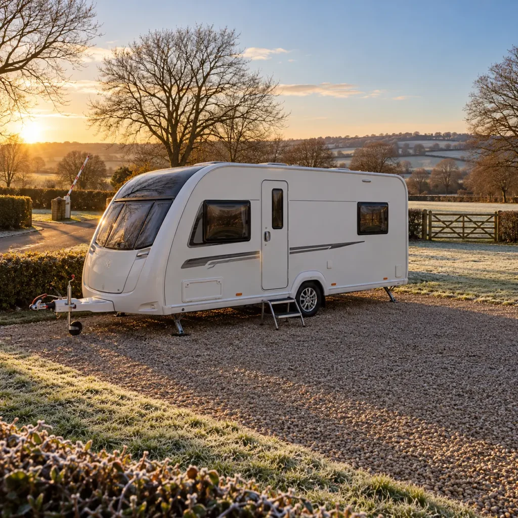 British touring caravan on an open-all-year park on a crisp December afternoon