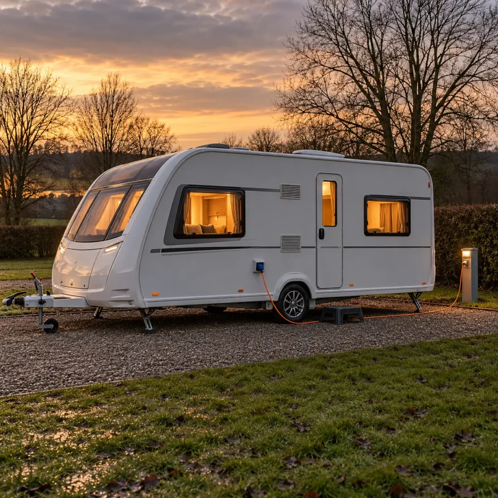 Touring caravan on a gravel hardstanding with electric hook-up on a winter evening