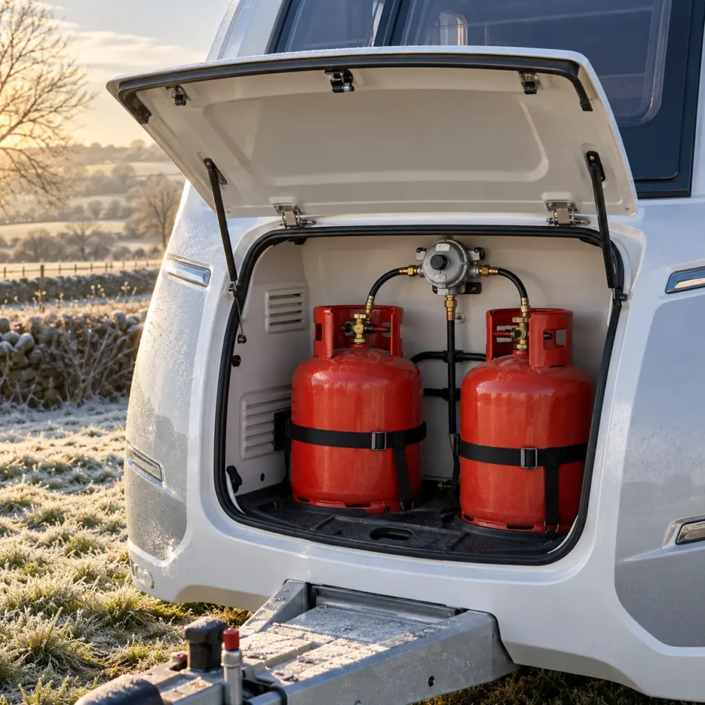 Open caravan gas locker with two cylinders on a cold winter day