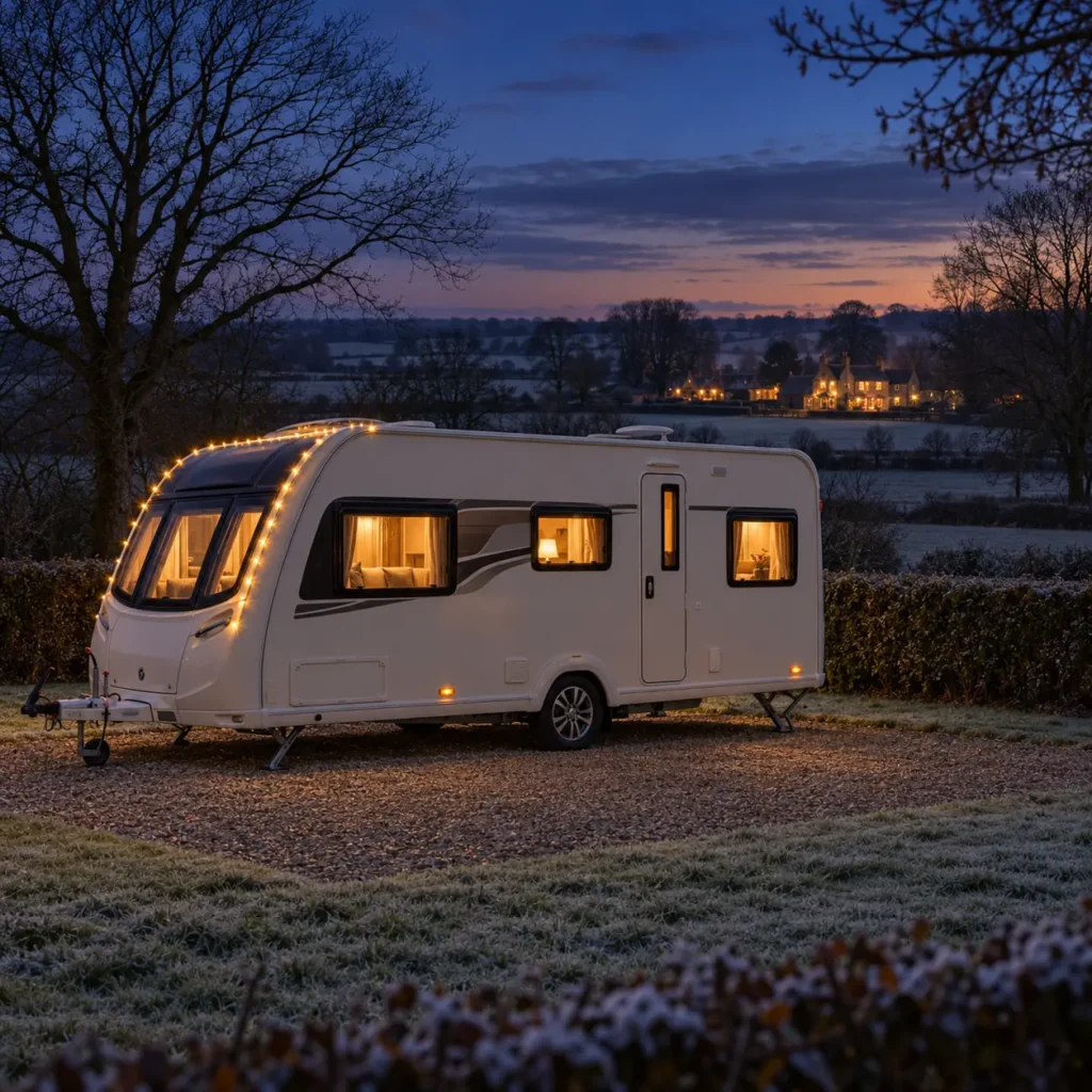 Lit touring caravan at dusk with fairy lights and a distant village pub at Christmas