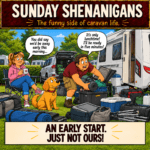 Barry struggles to pack up the caravan at lunchtime while Sue enjoys a cup of tea and Max watches in Sunday Shenanigans Comic 12