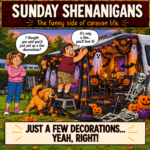 Barry decorates the caravan pitch with Halloween pumpkins, ghosts and skeletons while Sue and Max watch in Sunday Shenanigans Comic 13