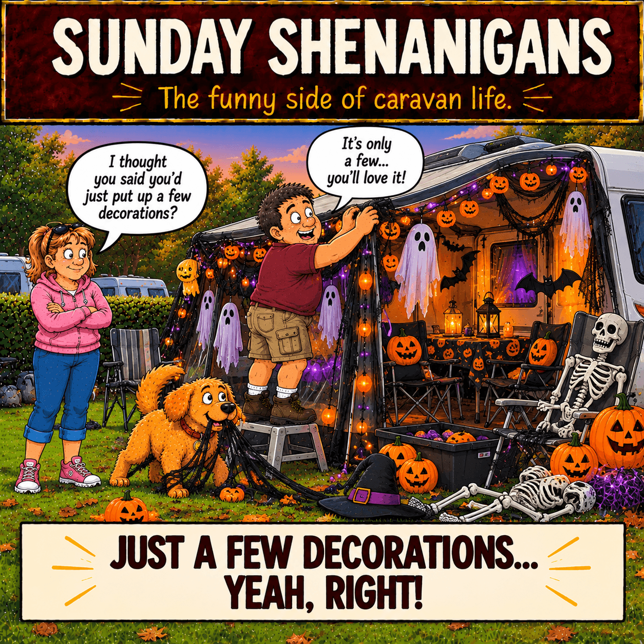 Barry decorates the caravan pitch with Halloween pumpkins, ghosts and skeletons while Sue and Max watch in Sunday Shenanigans Comic 13