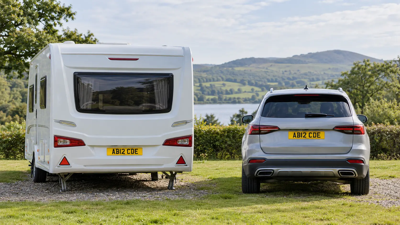 Matching caravan number plates on a UK tow car and touring caravan