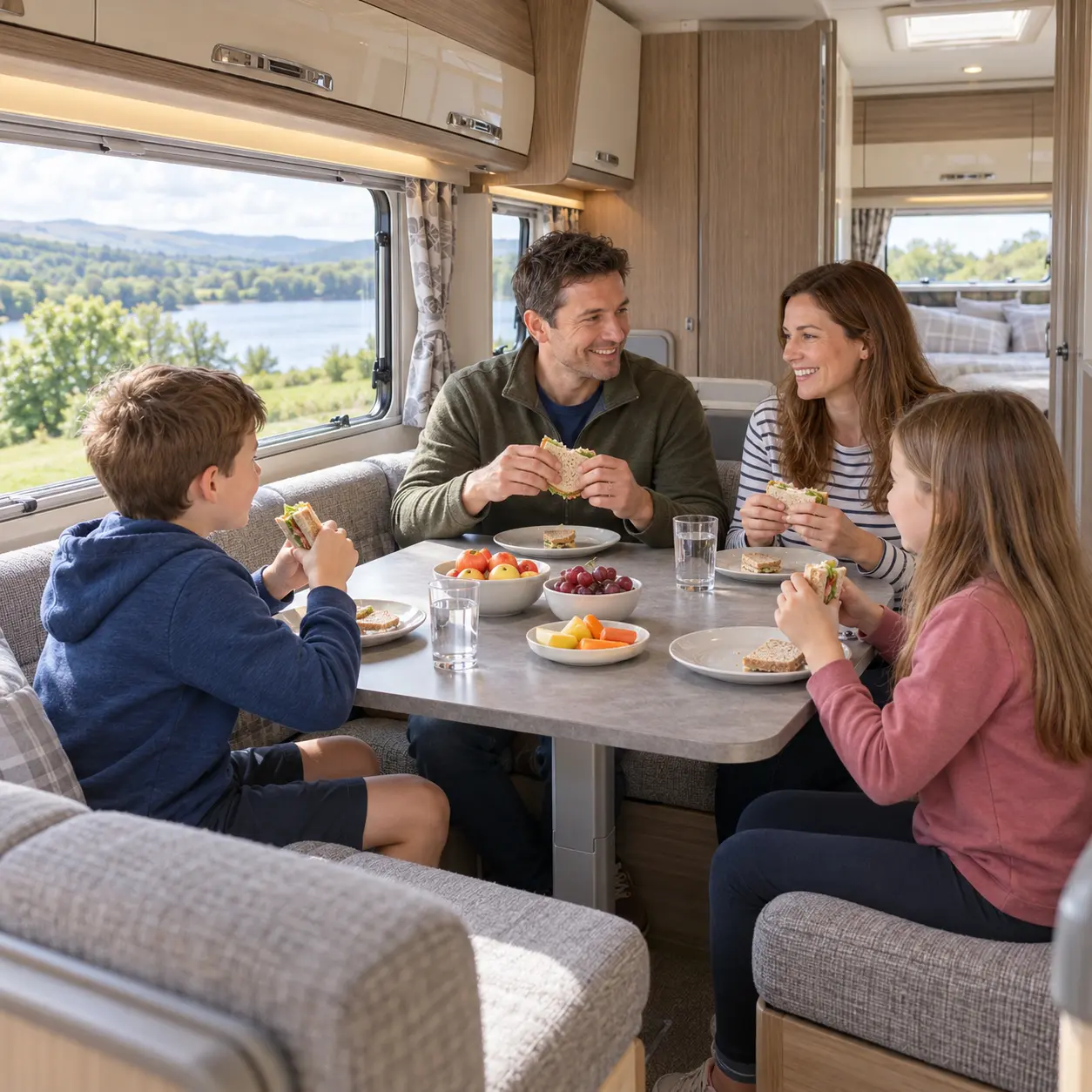 Parents and children sharing a simple meal inside a British touring caravan
