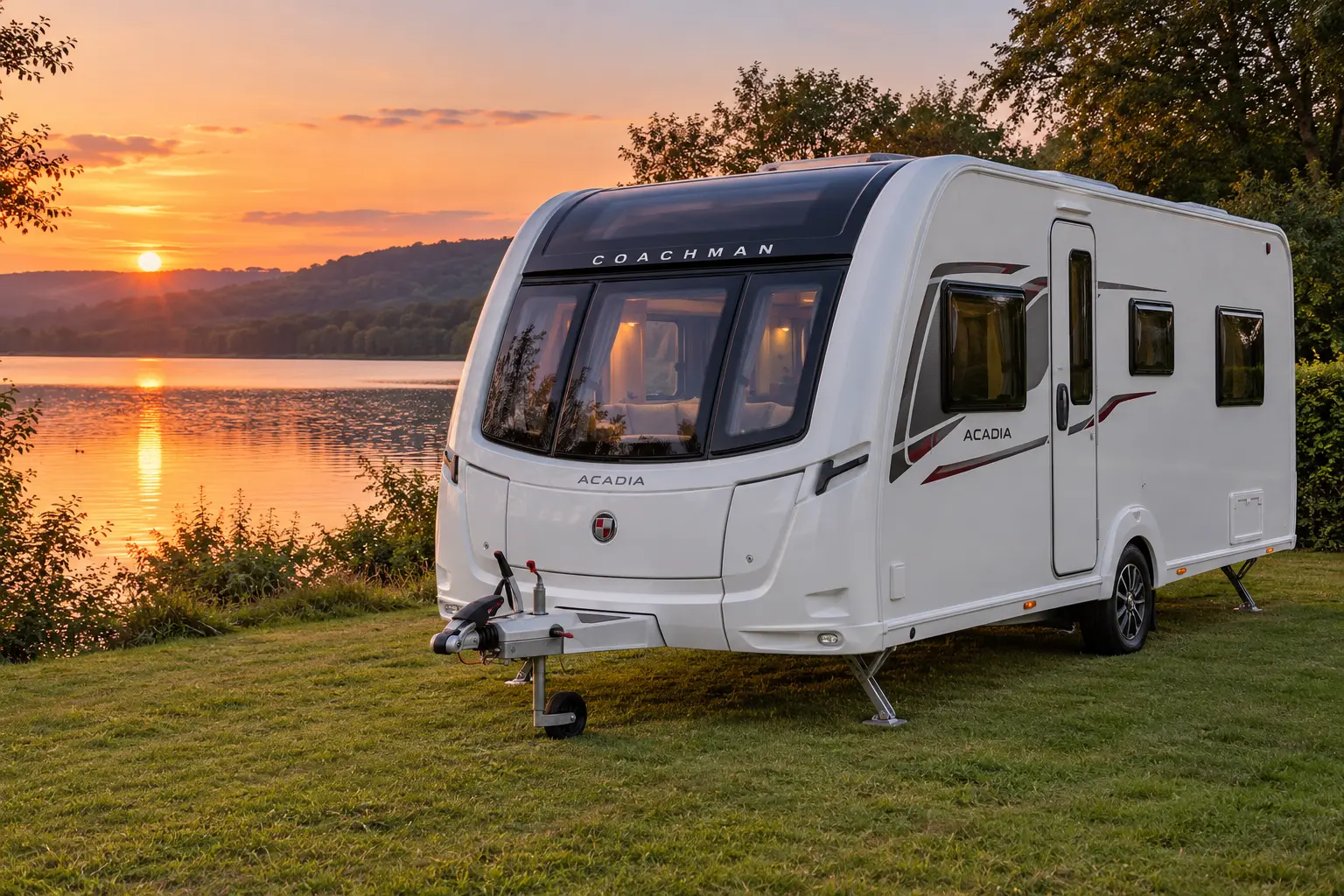 Coachman caravans – premium touring caravan beside a lake at sunset