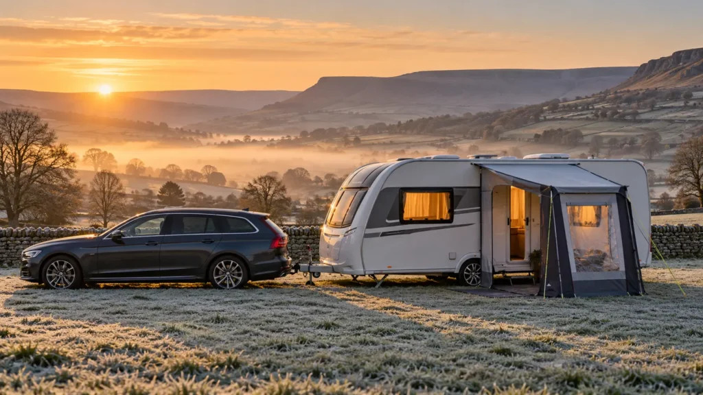 Winter caravanning scene with a British touring caravan on a frosty Peak District pitch at sunrise