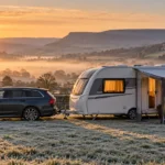 Winter caravanning scene with a British touring caravan on a frosty Peak District pitch at sunrise