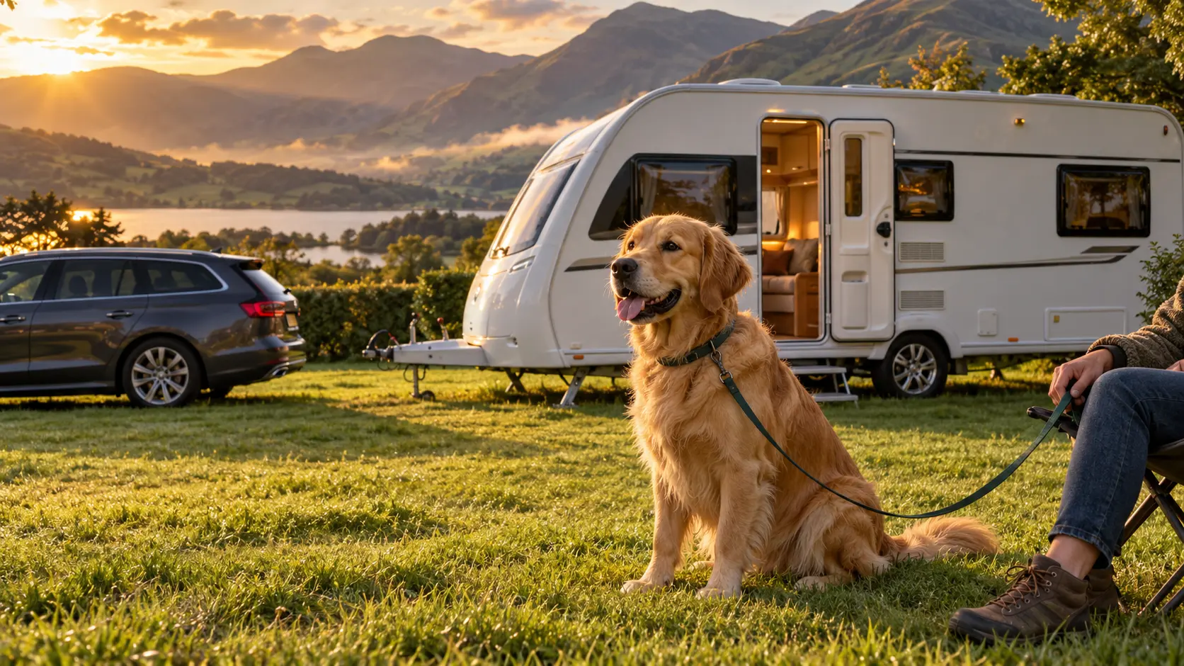 Dog sitting by a touring caravan, showing how to travel with dogs in a caravan