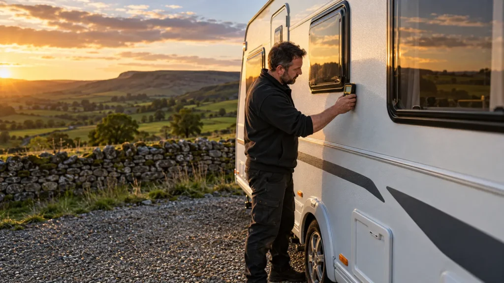 Technician checking a touring caravan window for a caravan damp report in the Yorkshire Dales