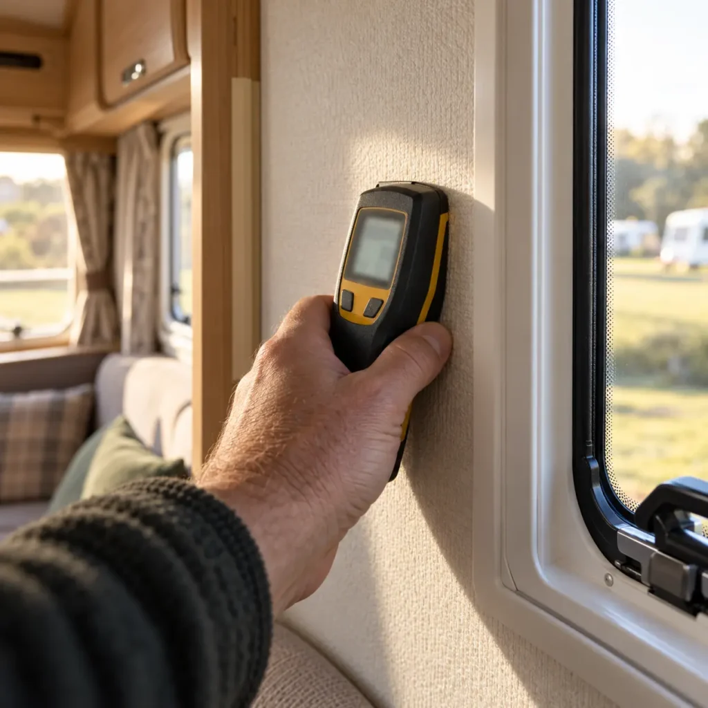 Moisture meter held against the interior wall of a touring caravan beside a window