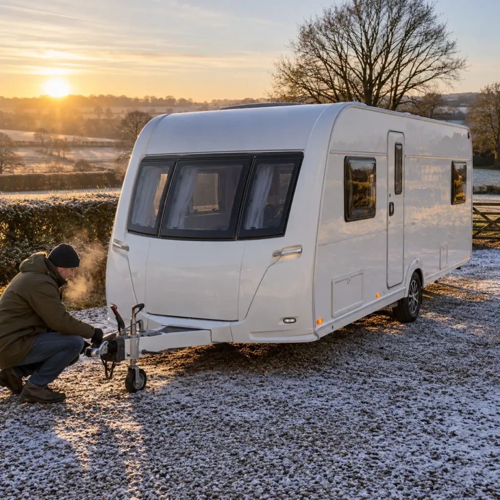 Caravanner checking the hitch and tyres of a touring caravan on a frosty morning before leaving