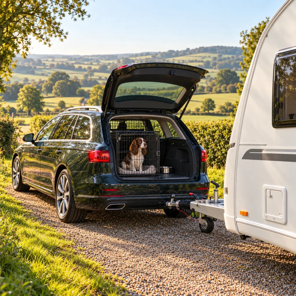 Spaniel safely crated in an estate tow car hitched to a touring caravan
