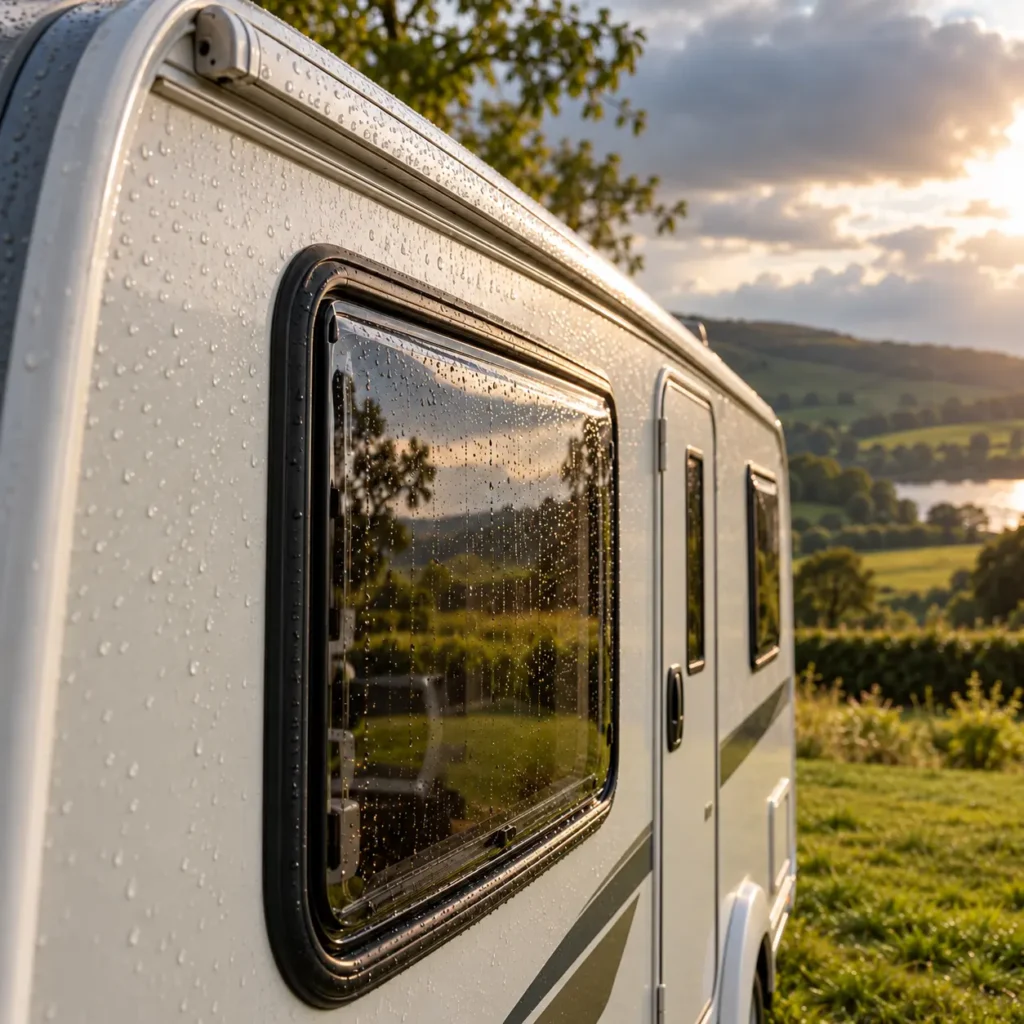 Rain droplets on a caravan window seal and awning rail with countryside behind