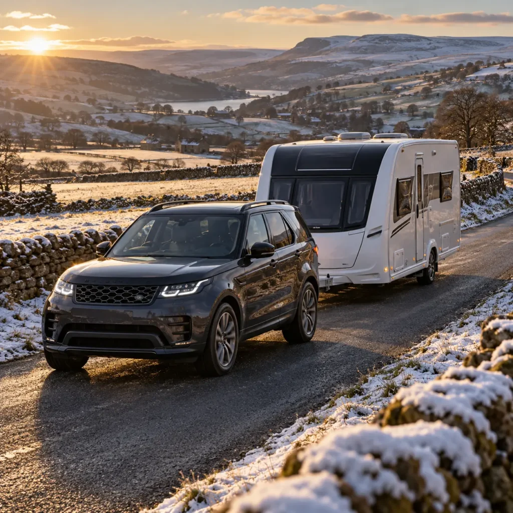 Car and touring caravan driving slowly along a gritted Dales lane with snow on the verges