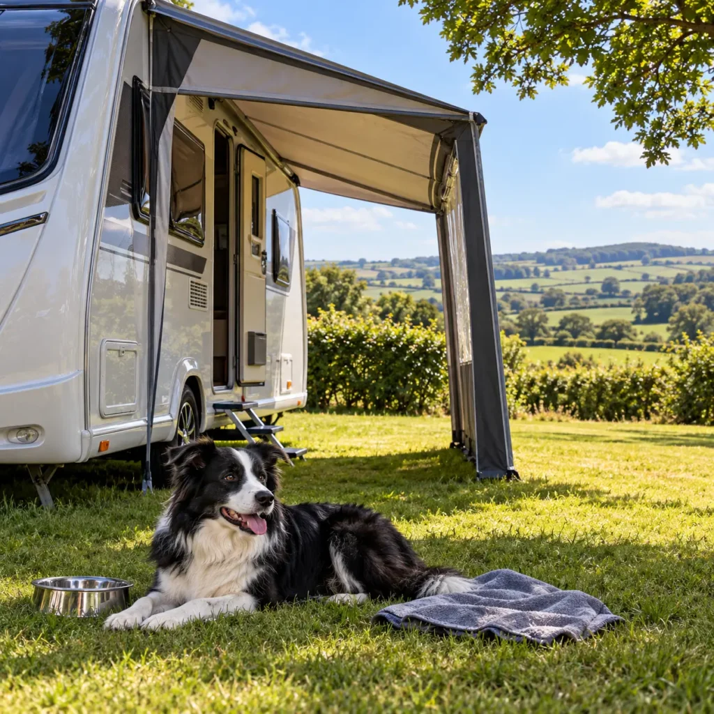 Border collie resting in shade beside a water bowl under a caravan awning