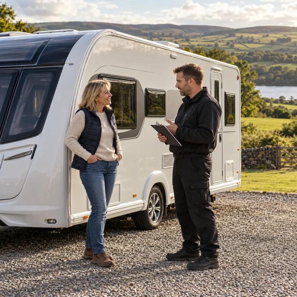 Caravan owner and technician discussing results beside a touring caravan