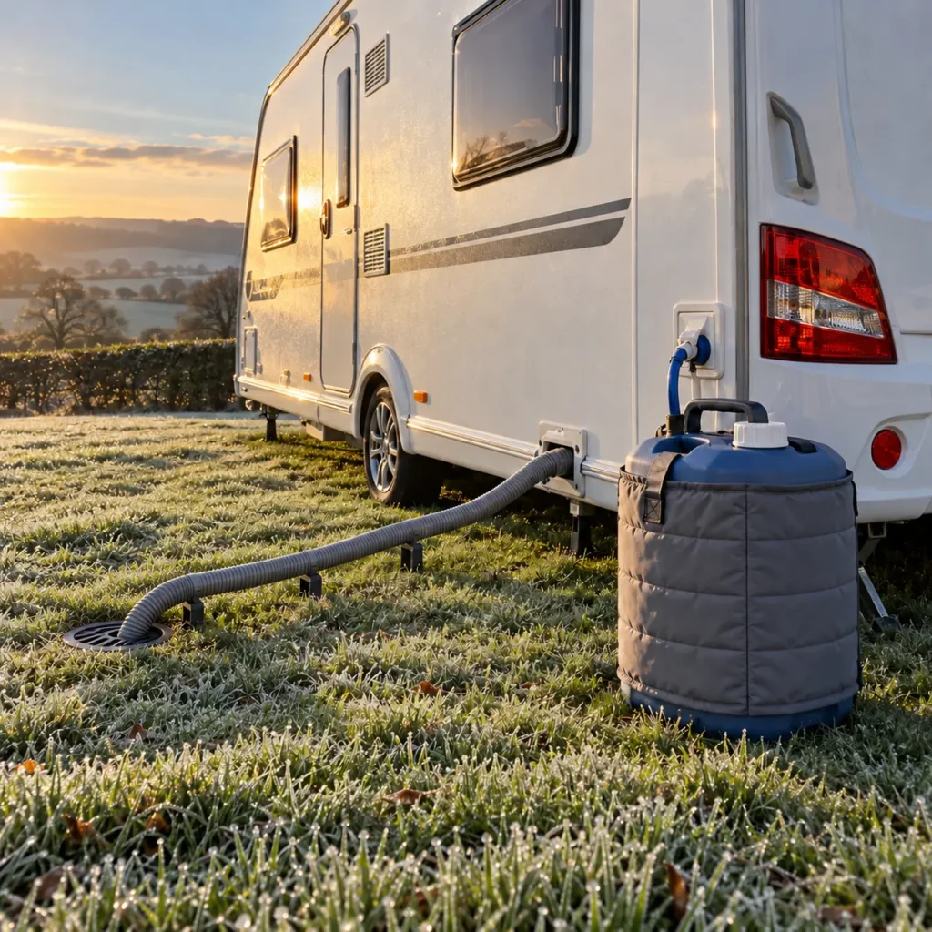Insulated water carrier and sloping waste pipe beside a touring caravan on a frosty pitch