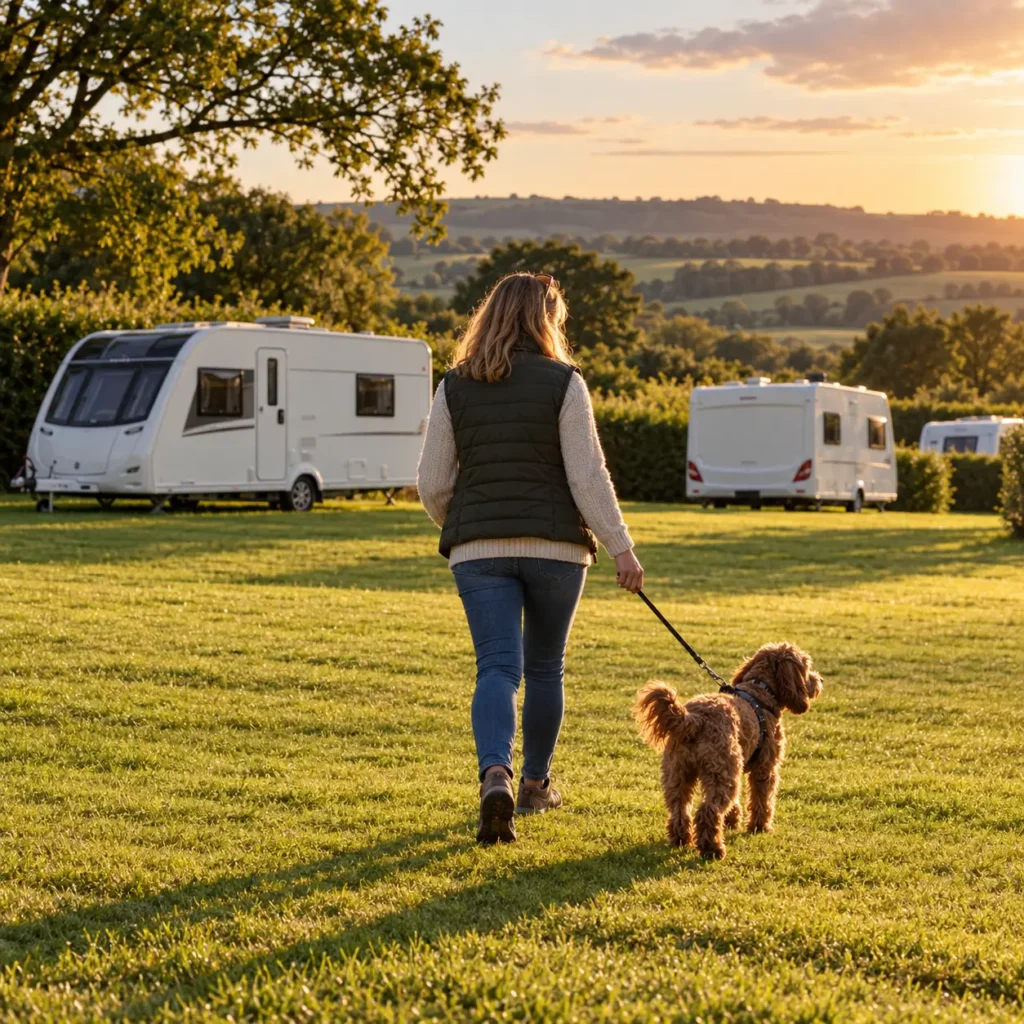 Owner walking a dog on a short lead past touring caravans on a quiet UK site
