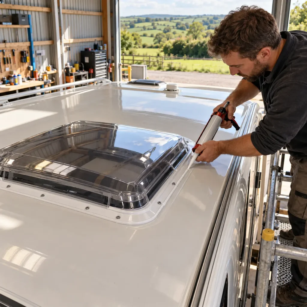 Technician resealing a caravan rooflight in a bright workshop bay
