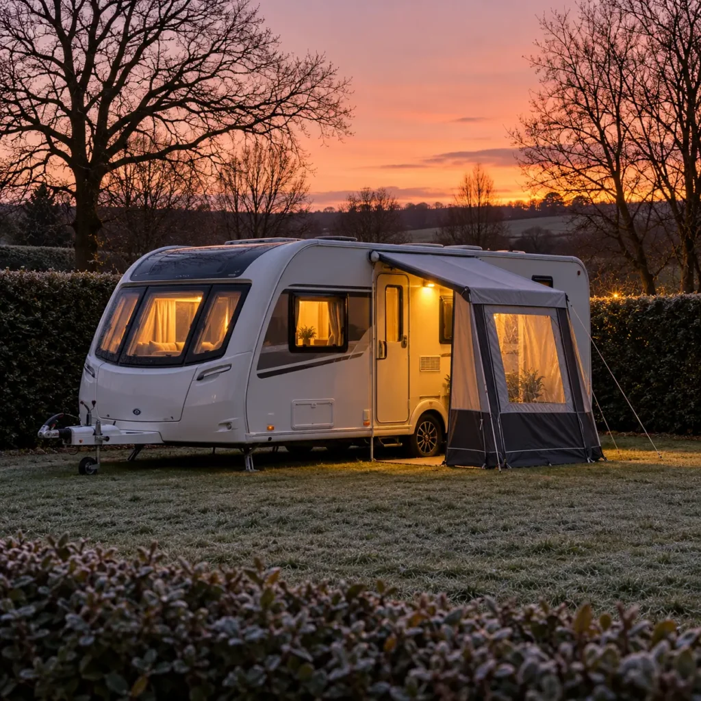 Touring caravan with a porch awning and lit windows on a sheltered frosty pitch at dusk