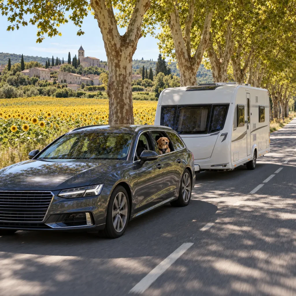 Dog in a harness in a tow car pulling a caravan along a French country road