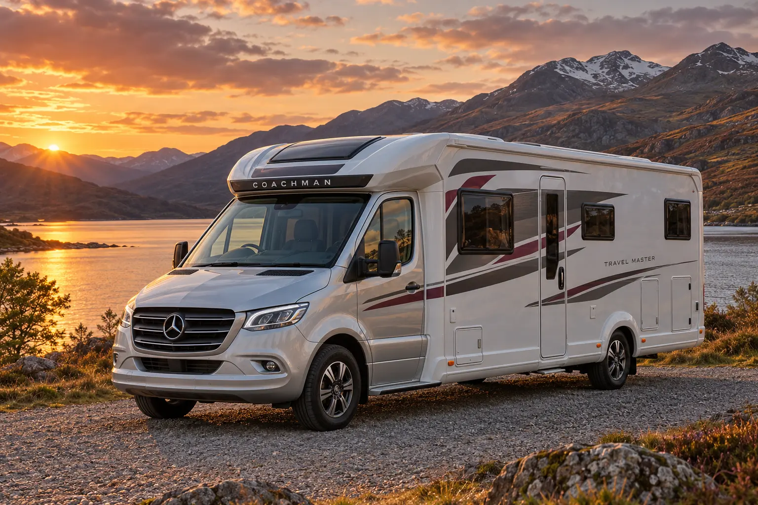 Coachman motorhomes – premium motorhome beside a Scottish loch at sunset