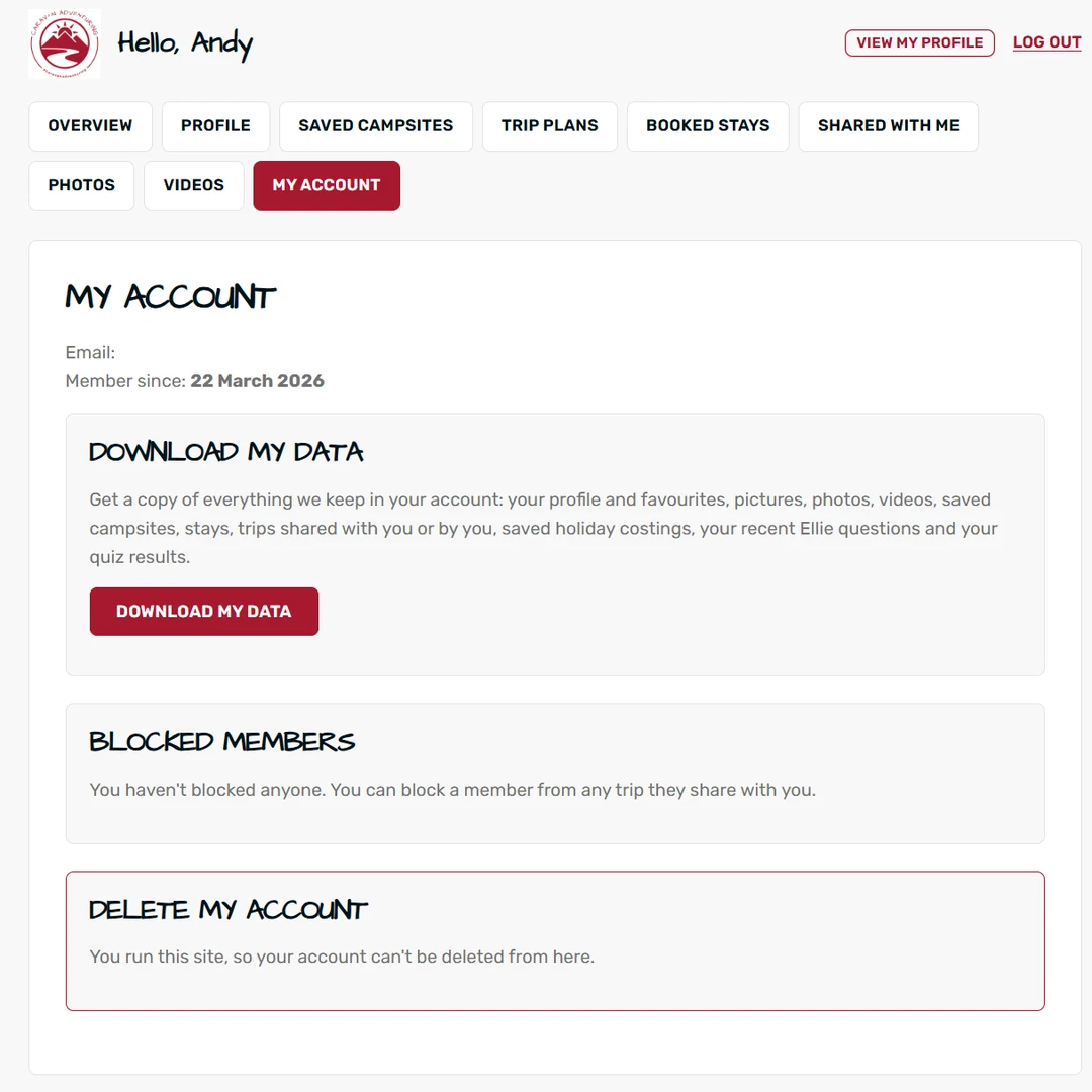 My Account tab with Download my data, part of free caravan membership