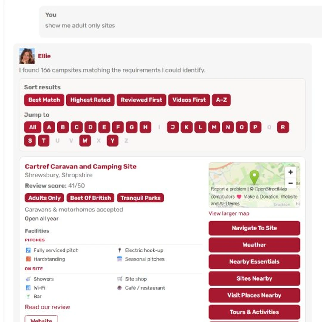 Ask Ellie answer showing a UK campsite card