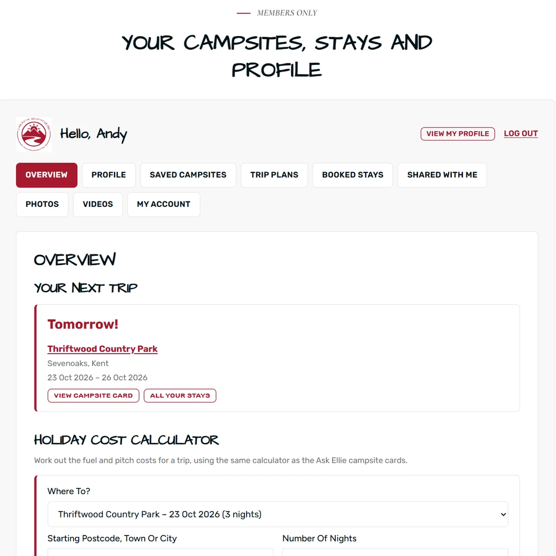 My Adventures page and member tabs you get with free caravan membership