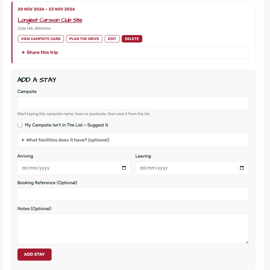 Booked Stays tab with the Add a stay form
