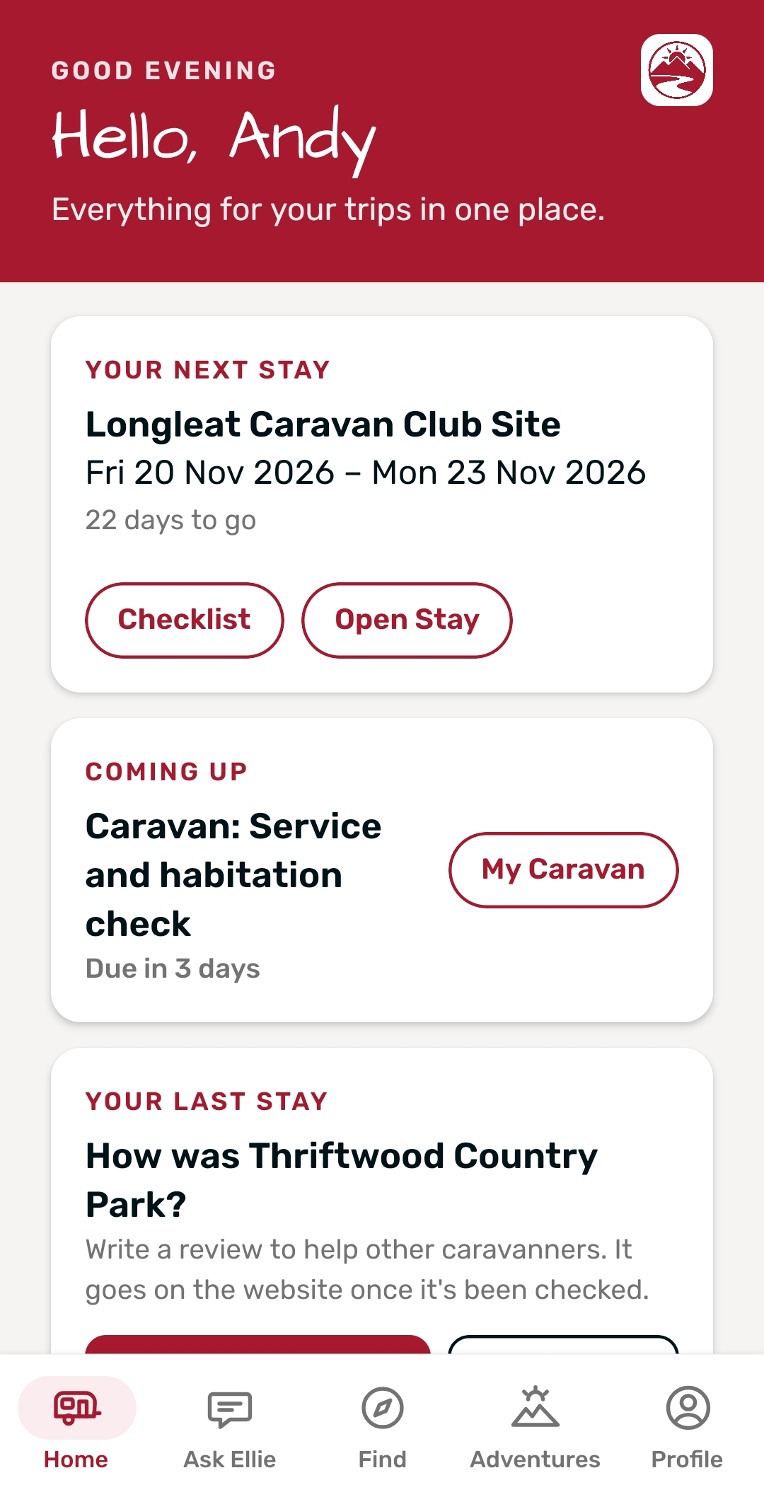 Touring Buddy app – home screen with the next stay and Ask Ellie