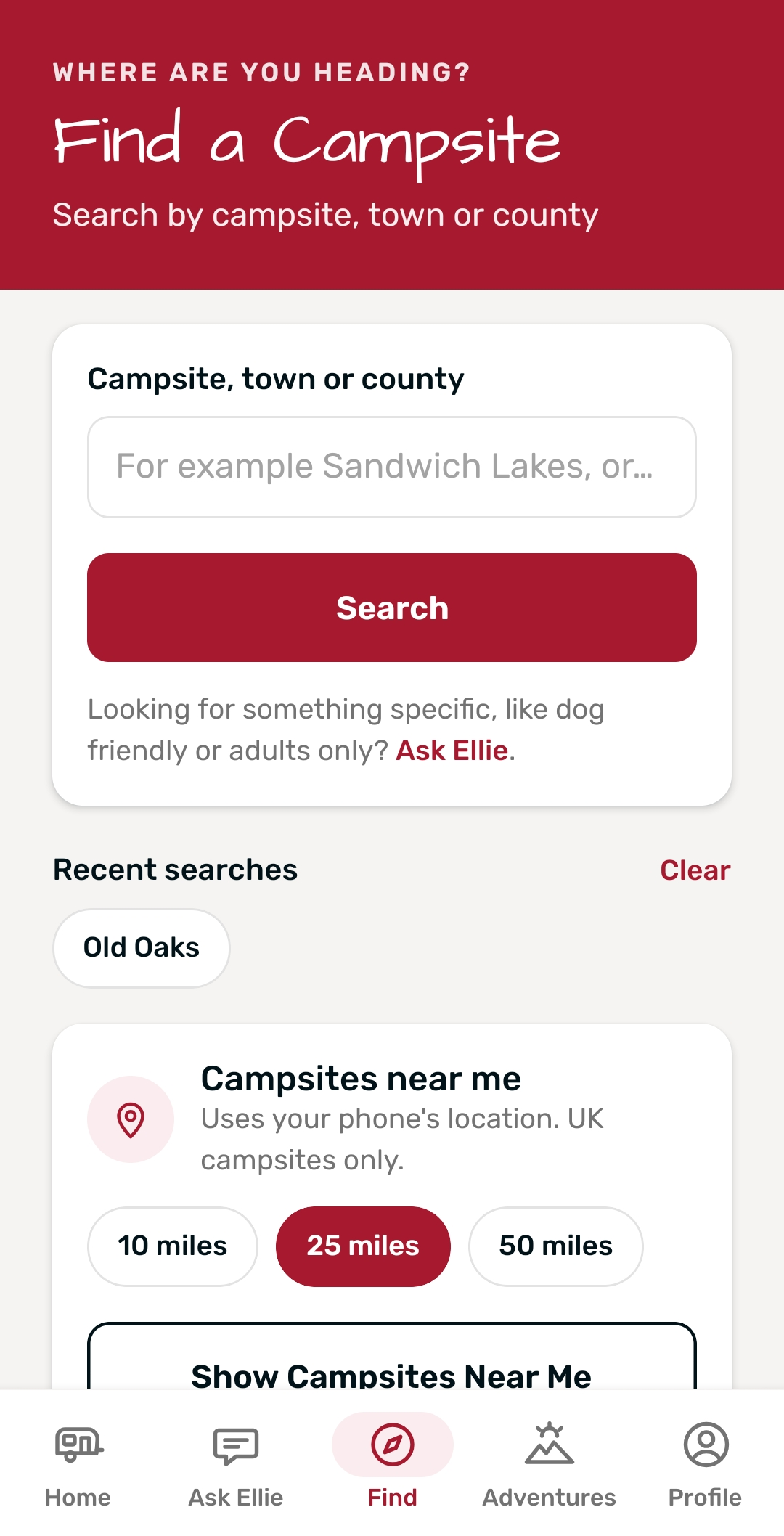 Touring Buddy app – Find screen for searching campsites by name, town or county