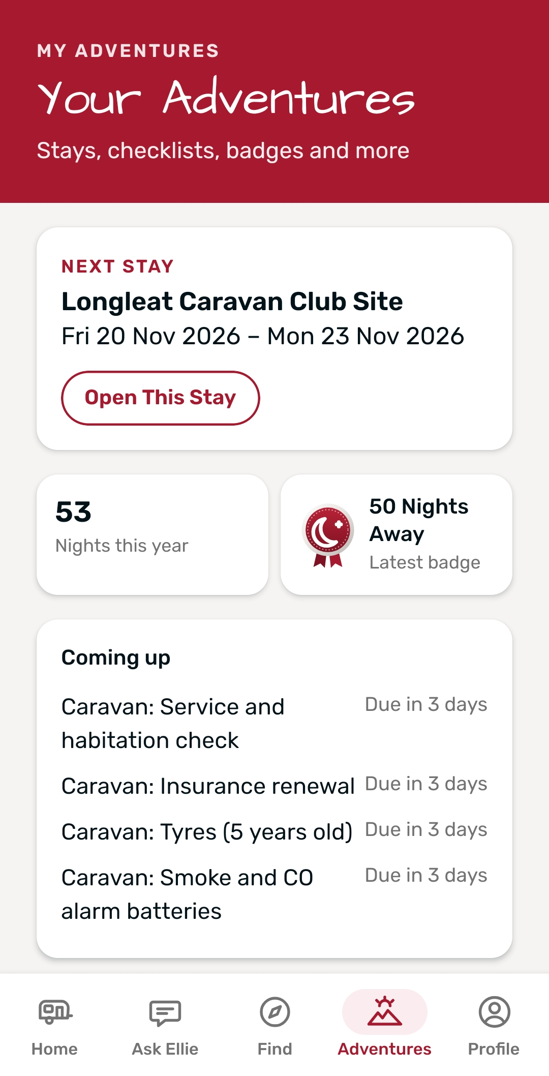 Touring Buddy app – Adventures screen with the next stay and quick links