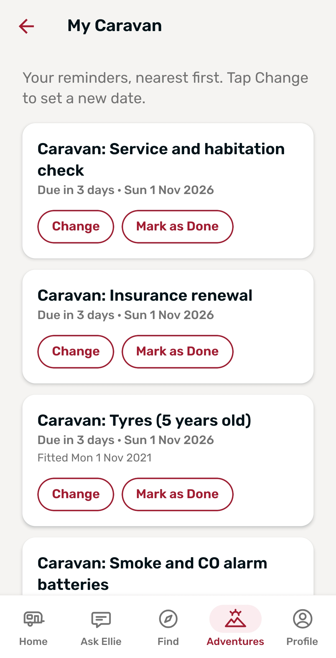 Touring Buddy app – My Caravan screen with service, MOT and insurance reminders