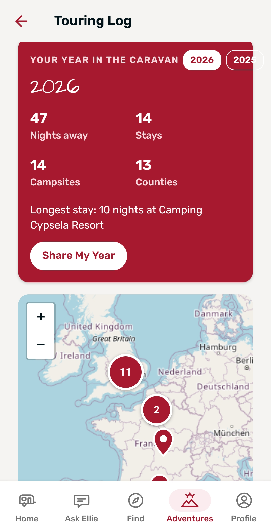 Touring Buddy app – Touring Log with totals and a map of every stay