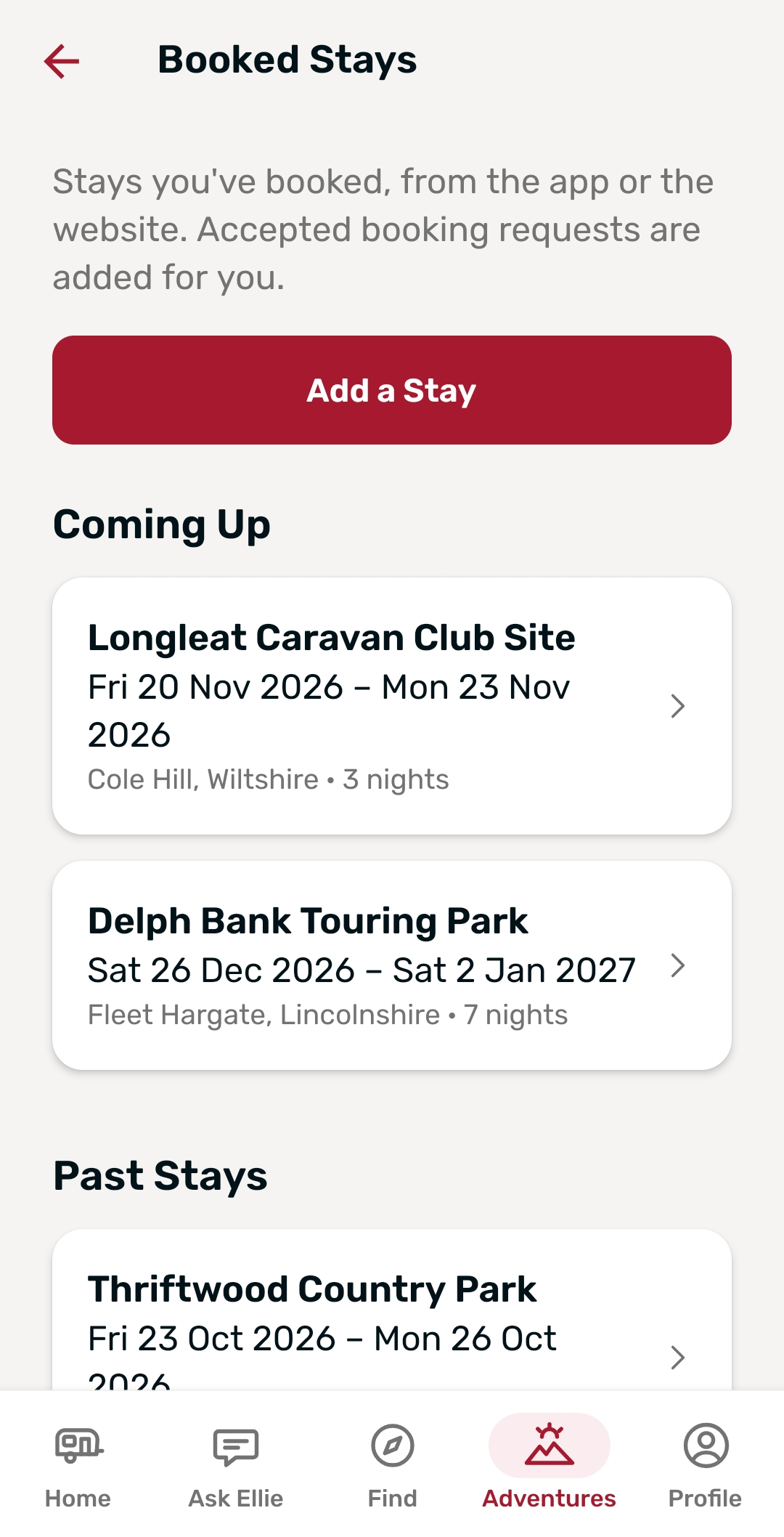 Touring Buddy app – Booked Stays with booking references and notes
